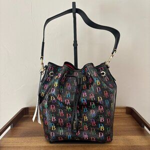 Dooney & Bourke Black Signature Multicolor DB75 Drawstring Bucket Bag New